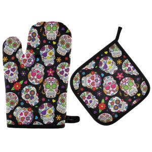 suabo 2pcs oven mitts and pot holders, sugar skull heat resistant oven glove hot pads for halloween kitchen baking bbq grilling