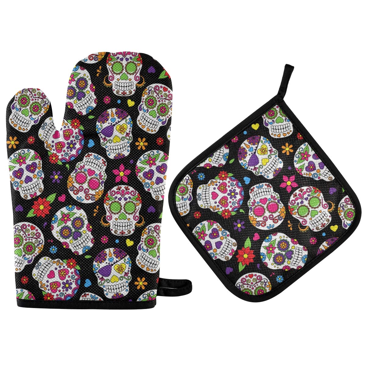 SUABO 2PCS Oven Mitts and Pot Holders, Sugar Skull Heat Resistant Oven Glove Hot Pads for Halloween Kitchen Baking BBQ Grilling