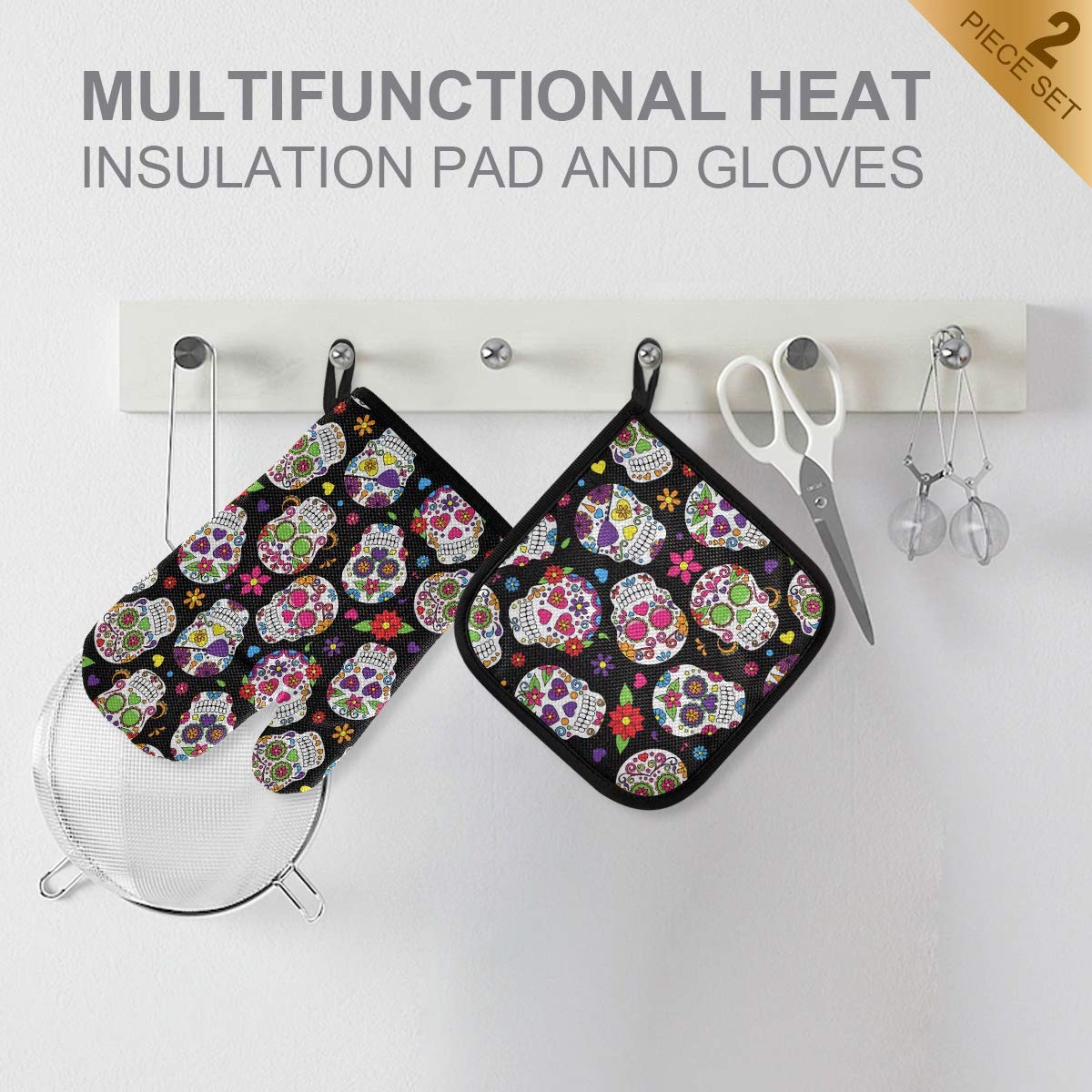 SUABO 2PCS Oven Mitts and Pot Holders, Sugar Skull Heat Resistant Oven Glove Hot Pads for Halloween Kitchen Baking BBQ Grilling