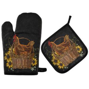 autumn sunflowers rooster oven mitts pot holders 2pcs kitchen heat resistant non-slip vintage fall summer floral cock hot pad chickens oven gloves set for cooking baking bbq