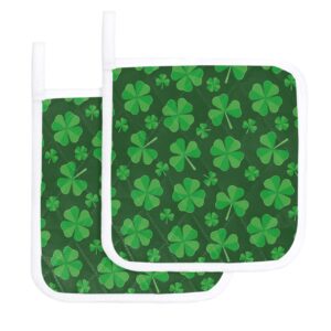 2 Pack Pot Holders for Kitchen,St. Patrick's Day Green Shamrock Heat Proof Potholder Hot Pads Trivet,Four Leaf Clover Black Back Seamless Washable Coaster Potholders for Cooking Baking Grilling