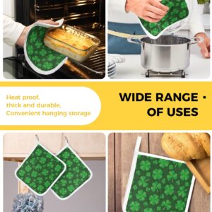 2 Pack Pot Holders for Kitchen,St. Patrick's Day Green Shamrock Heat Proof Potholder Hot Pads Trivet,Four Leaf Clover Black Back Seamless Washable Coaster Potholders for Cooking Baking Grilling