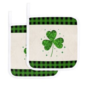 Pot Holders Set of 2,Irish Saint Patricks Green Shamrock Potholder for Kitchen Heat-Proof Hot Pads,Light Clover Black Plaid Vintage Cotton Linen Hot Mats Potholders for Cooking Baking BBQ