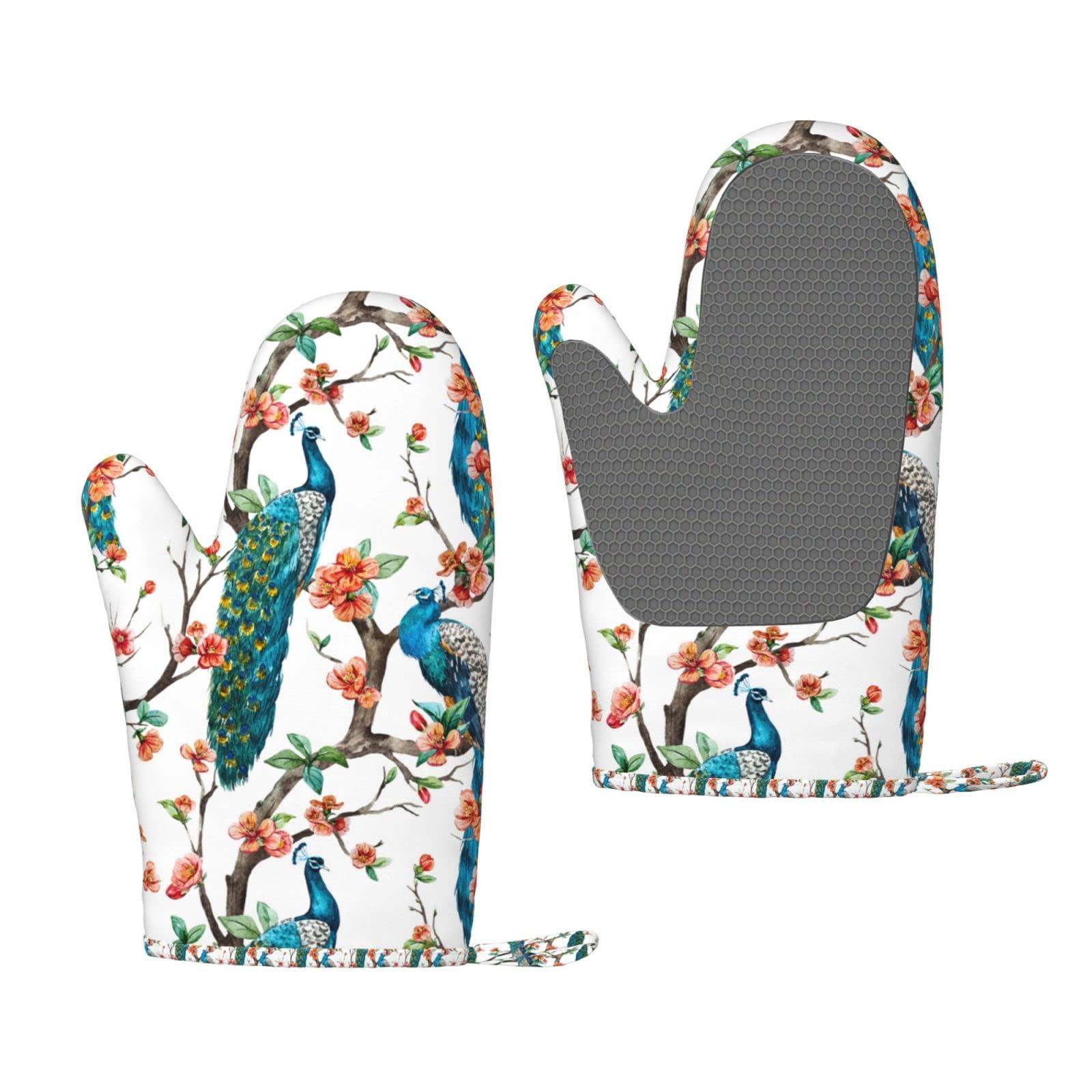 Oven Mitts Heat Resistant Silicone and Polyester Peacock On Flowering Tree Cherry Print Kitchen Mitts Thick Oven Gloves for Cooking, BBQ, Baking, Grill, Pizza Pair