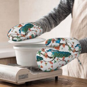 Oven Mitts Heat Resistant Silicone and Polyester Peacock On Flowering Tree Cherry Print Kitchen Mitts Thick Oven Gloves for Cooking, BBQ, Baking, Grill, Pizza Pair