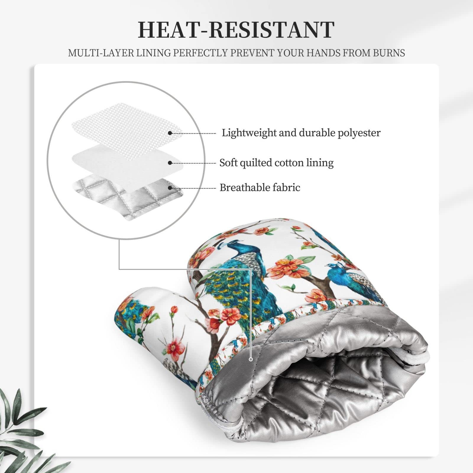 Oven Mitts Heat Resistant Silicone and Polyester Peacock On Flowering Tree Cherry Print Kitchen Mitts Thick Oven Gloves for Cooking, BBQ, Baking, Grill, Pizza Pair