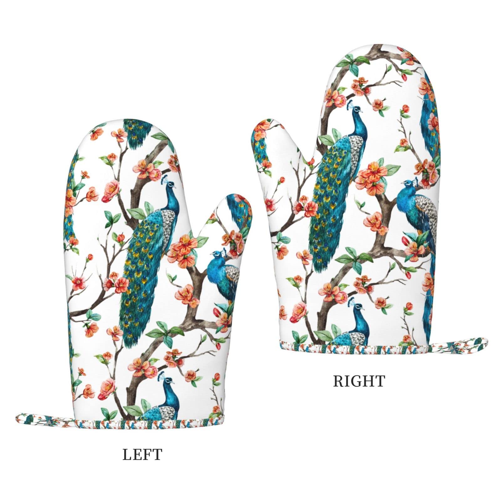 Oven Mitts Heat Resistant Silicone and Polyester Peacock On Flowering Tree Cherry Print Kitchen Mitts Thick Oven Gloves for Cooking, BBQ, Baking, Grill, Pizza Pair