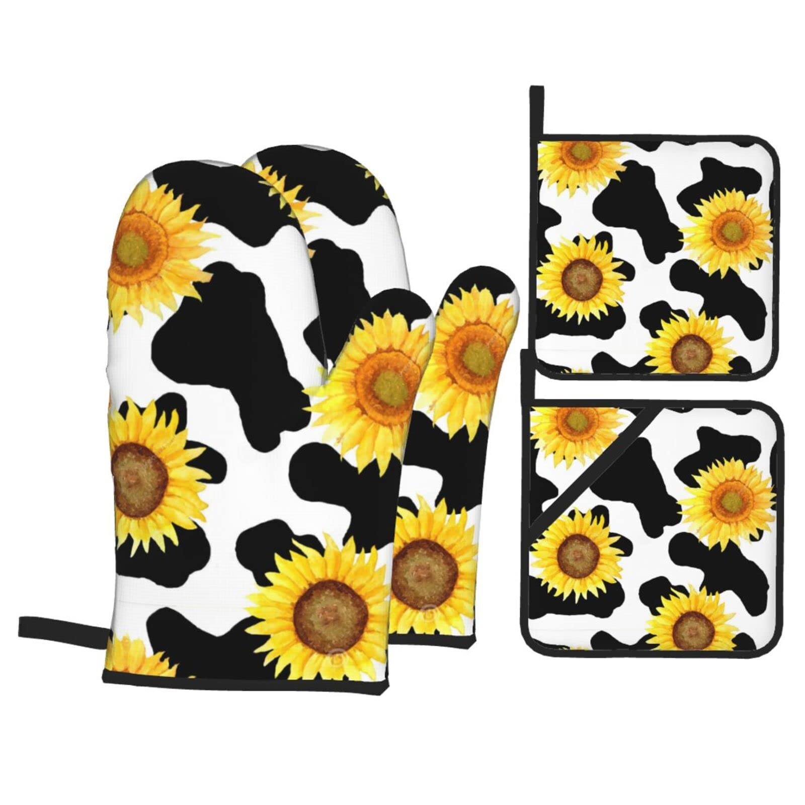 Black Cow Skin Sunflower Oven Mitts and Pot Holders Sets of 4,Non-Slip Heat Resistant Oven Gloves for Baking Cooking Grilling BBQ