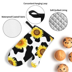 Black Cow Skin Sunflower Oven Mitts and Pot Holders Sets of 4,Non-Slip Heat Resistant Oven Gloves for Baking Cooking Grilling BBQ