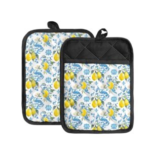 Jndtueit Lemon Non Slip Heat Resistant Hot Pot Holder 2Set, Yellow Fruit Quilted Liner 9.6*7.4 Inches with Hanging Loop with Pocket, Blue Leaf Potholder for Cooking & Baking