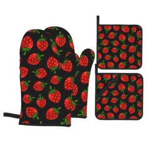 oven mitts and pot holders sets 4 piece, strawberry on black background oven gloves heat resistant non-slip for kitchen cooking grilling baking