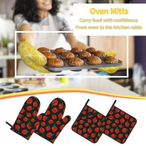 Oven Mitts and Pot Holders Sets 4 Piece, Strawberry On Black Background Oven Gloves Heat Resistant Non-Slip for Kitchen Cooking Grilling Baking