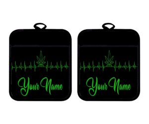 bleu reign oven mitt and potholder set personalized custom name smoker marijuana weed gives me life heartbeat linen