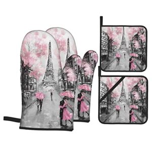 romantic paris street 4pcs oven mitts and pot holders sets kitchen high heat resistant non slip oven glove for cooking bbq baking grilling