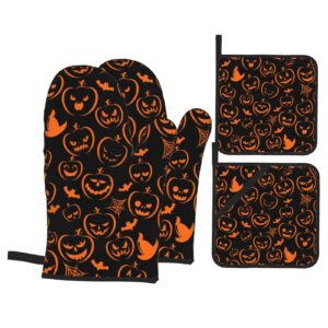 pnnuo oven mitts and pot holders set of 4, halloween pumpkin cotton lining with non-slip hot pads, heat resistant microwave gloves for cooking baking grilling bbq decorative kitchen