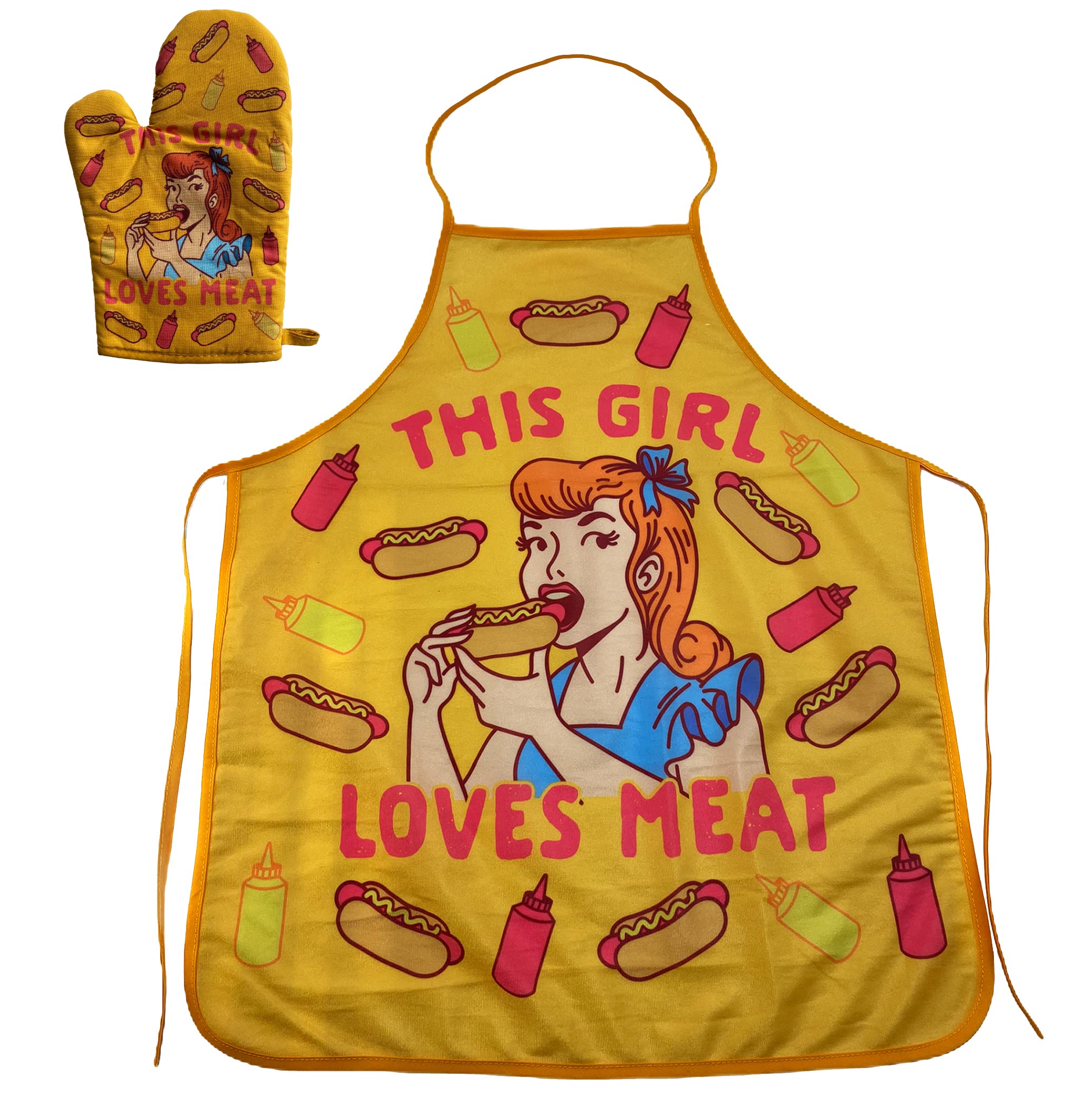 This Girl Loves Meat Oven Mitt Funny Sarcastic Backyard BBQ Bar-b-que Cookout Kitchen Glove Funny Graphic Kitchenwear Funny Food Novelty Cookware Yellow Oven Mitt