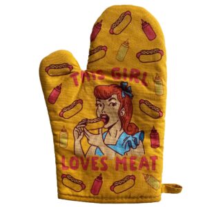 This Girl Loves Meat Oven Mitt Funny Sarcastic Backyard BBQ Bar-b-que Cookout Kitchen Glove Funny Graphic Kitchenwear Funny Food Novelty Cookware Yellow Oven Mitt