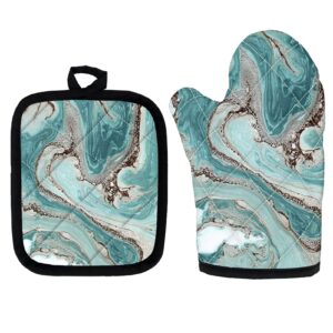 clohomin ink marble print heat resistant kitchen oven mitts glove + potholder teal gray abstract geometry cooking & baking & grilling heat resistant pot mats kitchen gloves