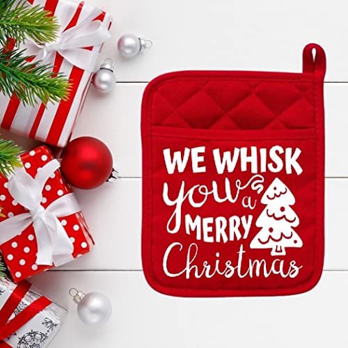 Makinit Gifts We Whisk You A Merry Christmas - Pot Holder - Oven Mitt - Hot Pad - Polyester & Neoprene - Christmas - Teacher Gift - Mother's Day - Red