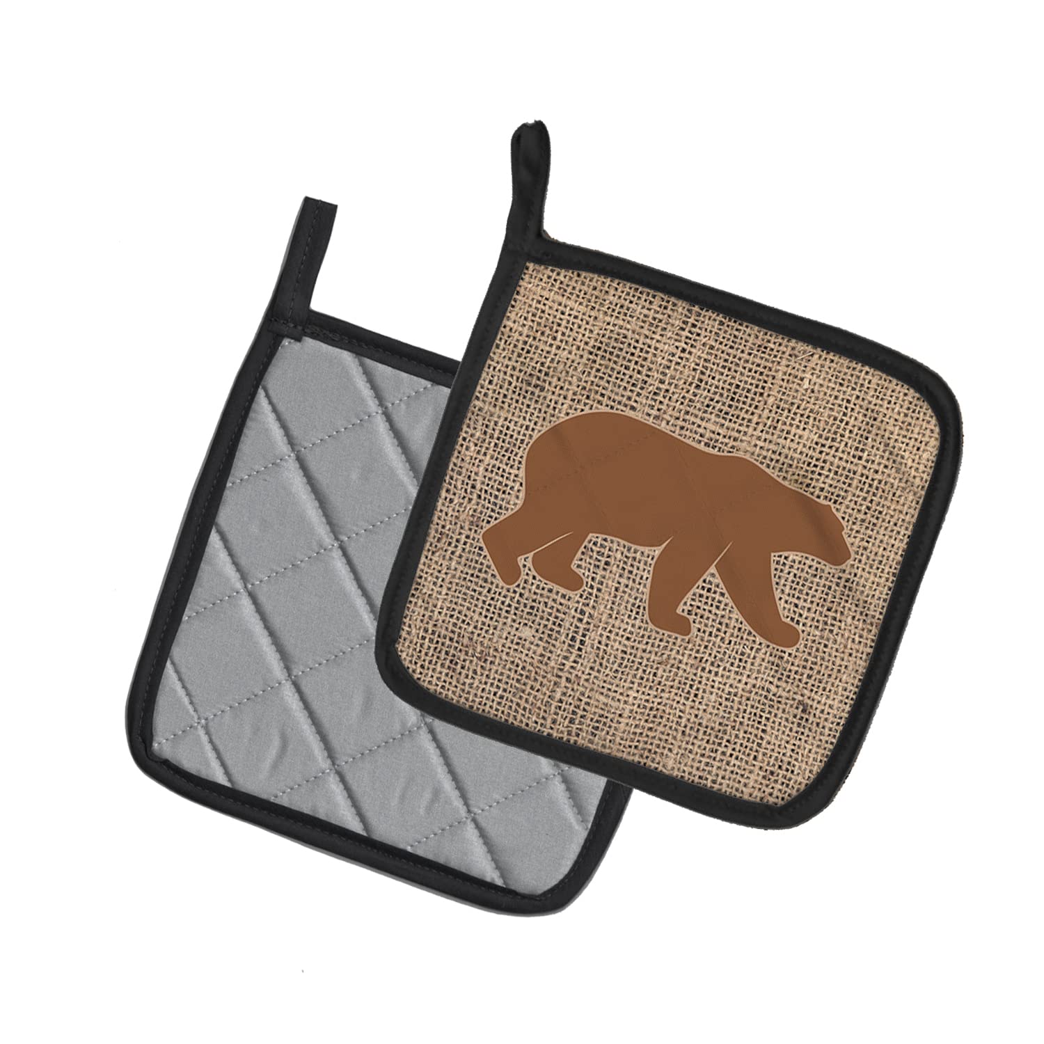 Caroline's Treasures BB1005-BL-BN-PTHD Bear Burlap and Brown Pair of Pot Holders Kitchen Heat Resistant Pot Holders Sets Oven Hot Pads for Cooking Baking BBQ, 7 1/2 x 7 1/2