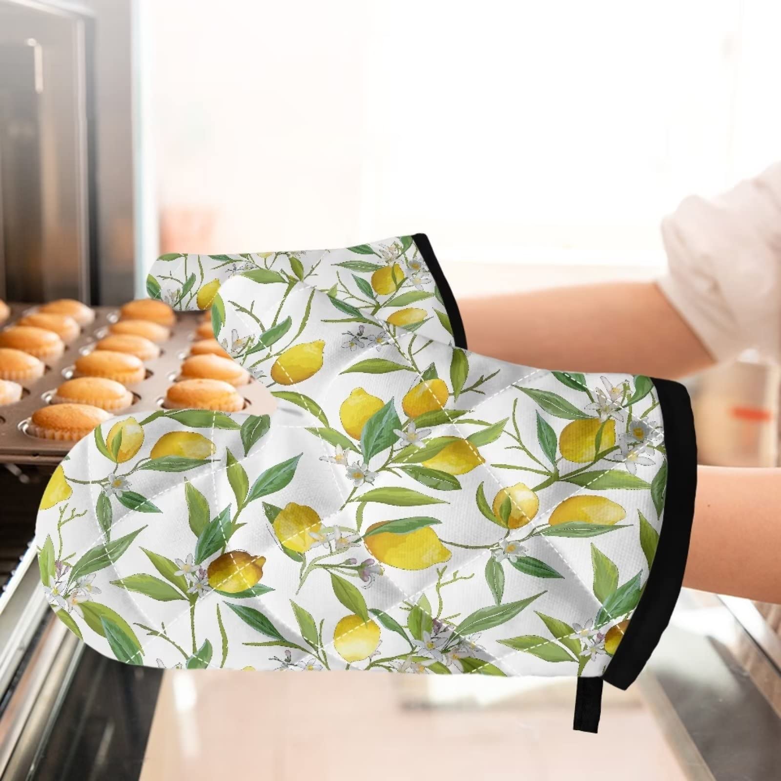 Buybai Kitchen Oven Mitts 1 Pair Lemon Pattern Heat Resistant Kitchen Gloves Protector Non Slip Oven Gloves for Baking Cooking