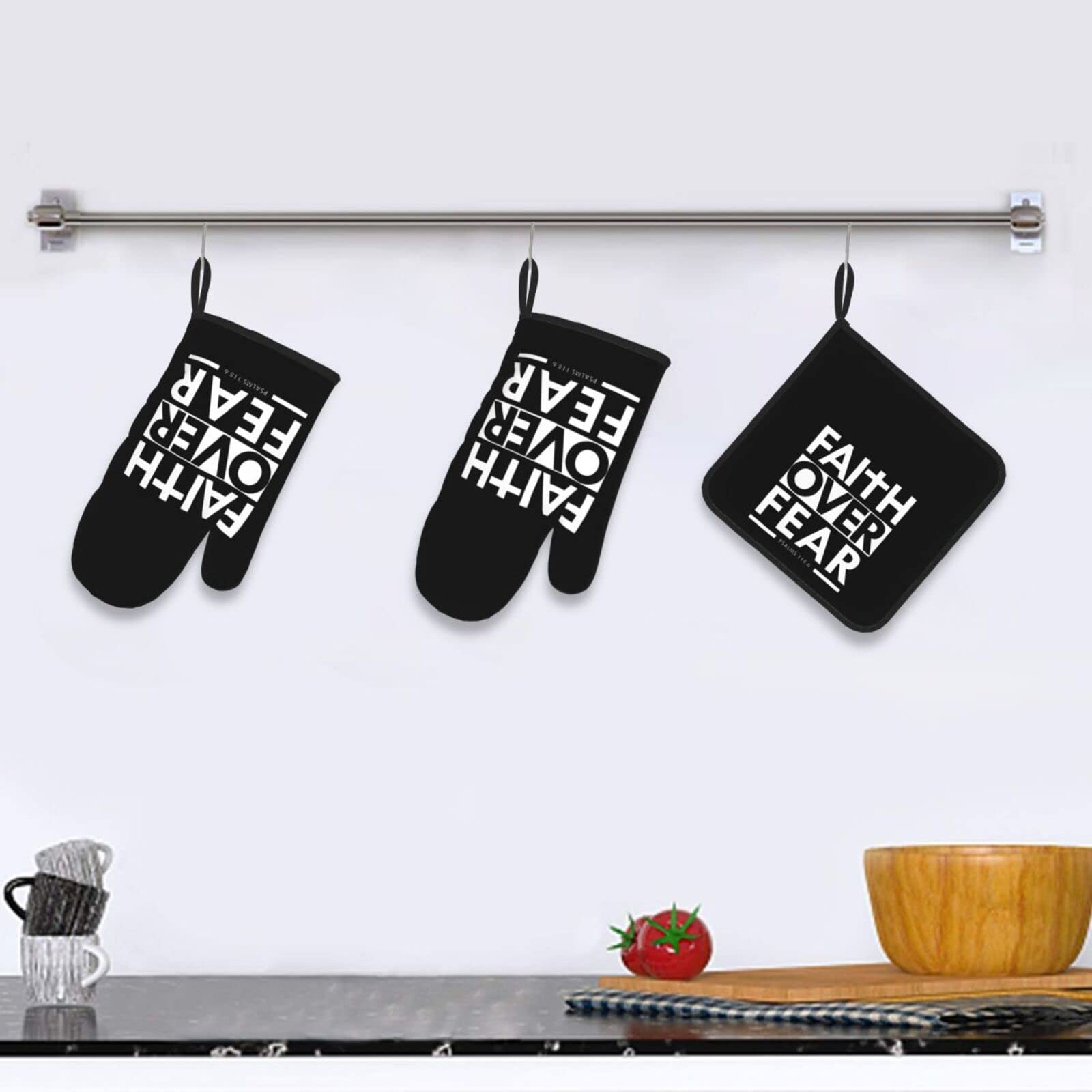 Faith Over Fear Bible Scripture Verse Christian Oven Mitts Pot Holders Sets Fashion Kitchen Heatproof Glove and Heat Insulated Pad