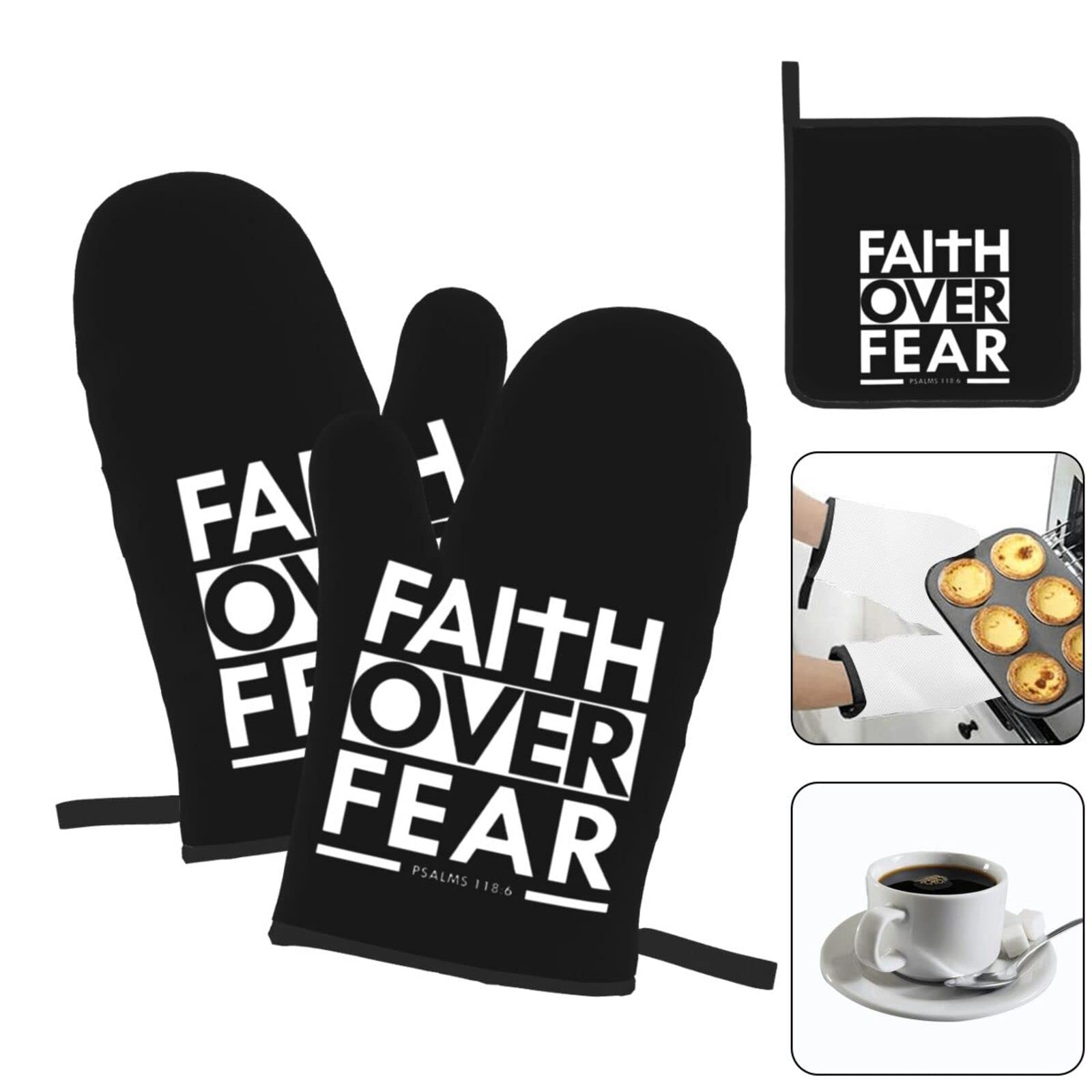 Faith Over Fear Bible Scripture Verse Christian Oven Mitts Pot Holders Sets Fashion Kitchen Heatproof Glove and Heat Insulated Pad