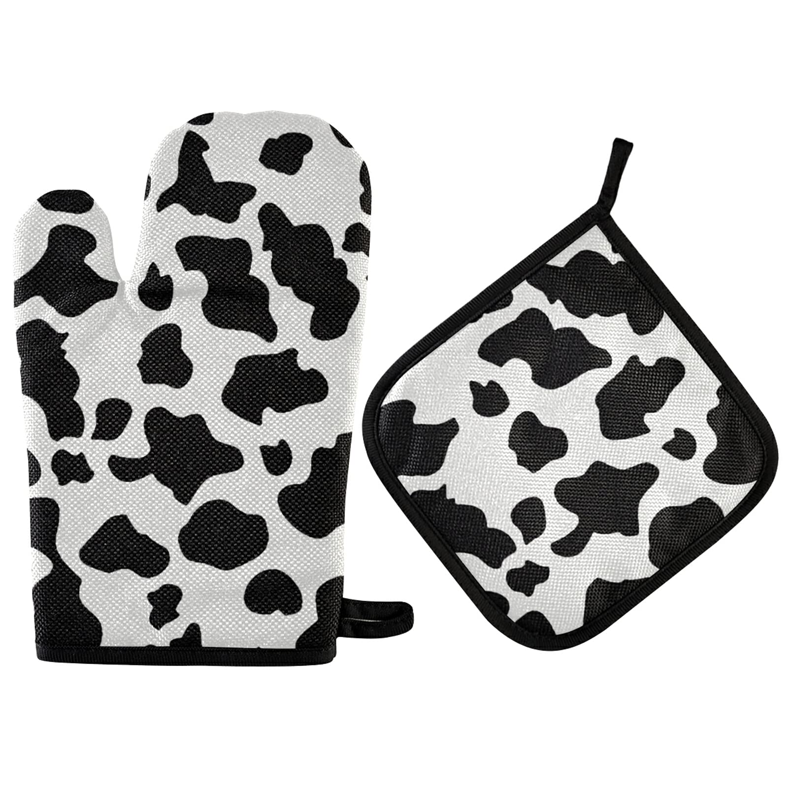 Cow Print Oven Mitts and Pot Holders Sets Washable Reusable Heat Resistant Oven Gloves Hot Pad Potholder for Baking BBQ Cooking