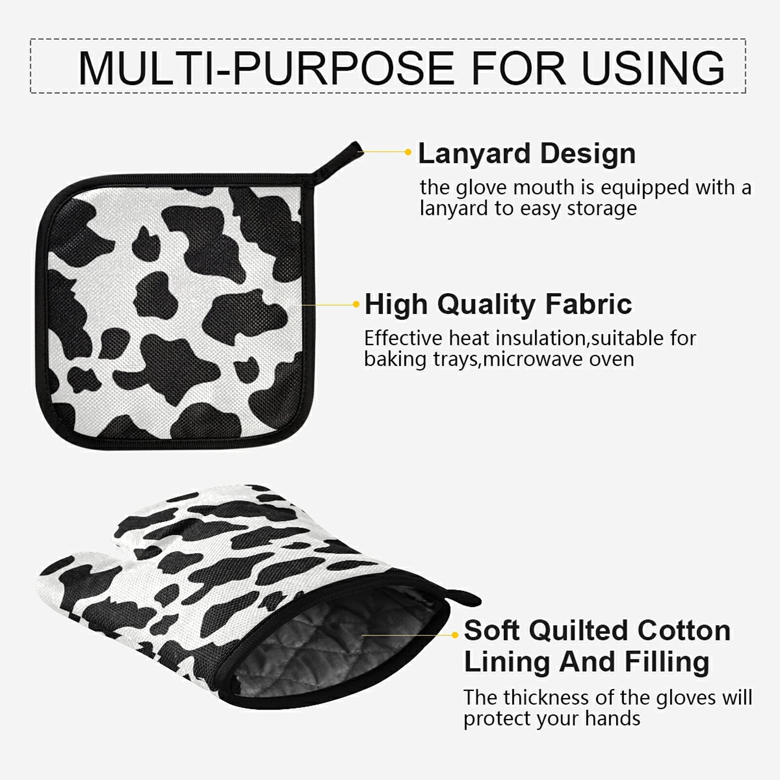 Cow Print Oven Mitts and Pot Holders Sets Washable Reusable Heat Resistant Oven Gloves Hot Pad Potholder for Baking BBQ Cooking