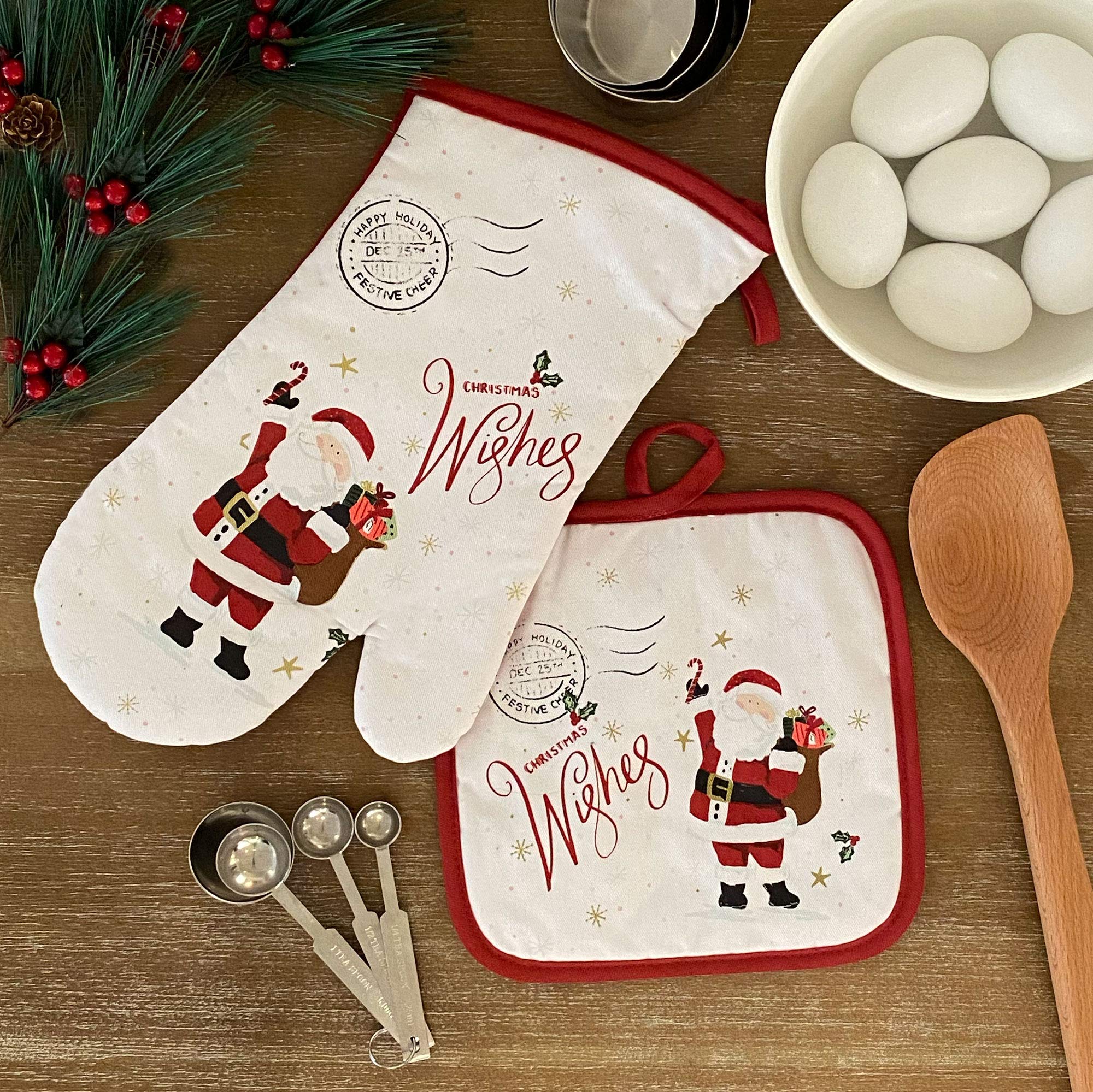 Elrene Home Fashions Santa Christmas Wishes Set of 2, 7"x13" (Oven Mitt) 8"x8" (Pot Holder), Multi