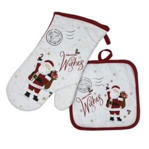 Elrene Home Fashions Santa Christmas Wishes Set of 2, 7"x13" (Oven Mitt) 8"x8" (Pot Holder), Multi