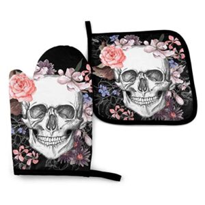 msguide skull and flowers day of the dead oven mitts -heat resistant 500 degrees-non slip kitchen pot holders sets - cooking safe gloves soft inner lining