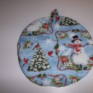 Christmas Pot Holders Snowman on Blue Handmade Heat Resistant Double Insulated Quilted Hot Pads 9 Inches Round