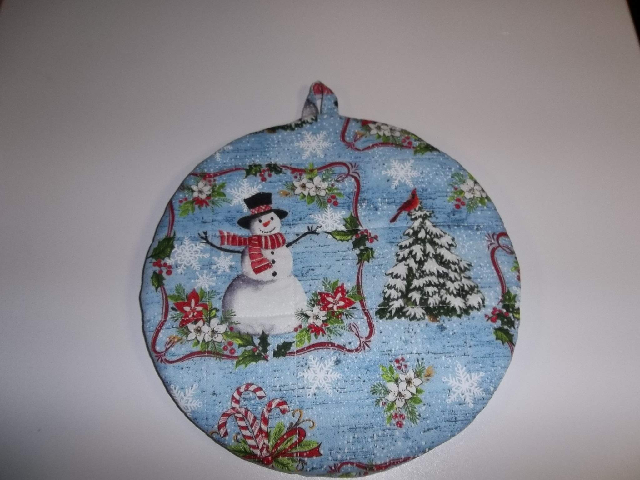 Christmas Pot Holders Snowman on Blue Handmade Heat Resistant Double Insulated Quilted Hot Pads 9 Inches Round