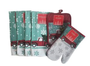 seasonal holiday kitchen linen set placemats napkins pot holder oven mit (4 retro pickup truck towels w pot holder & oven mitt)