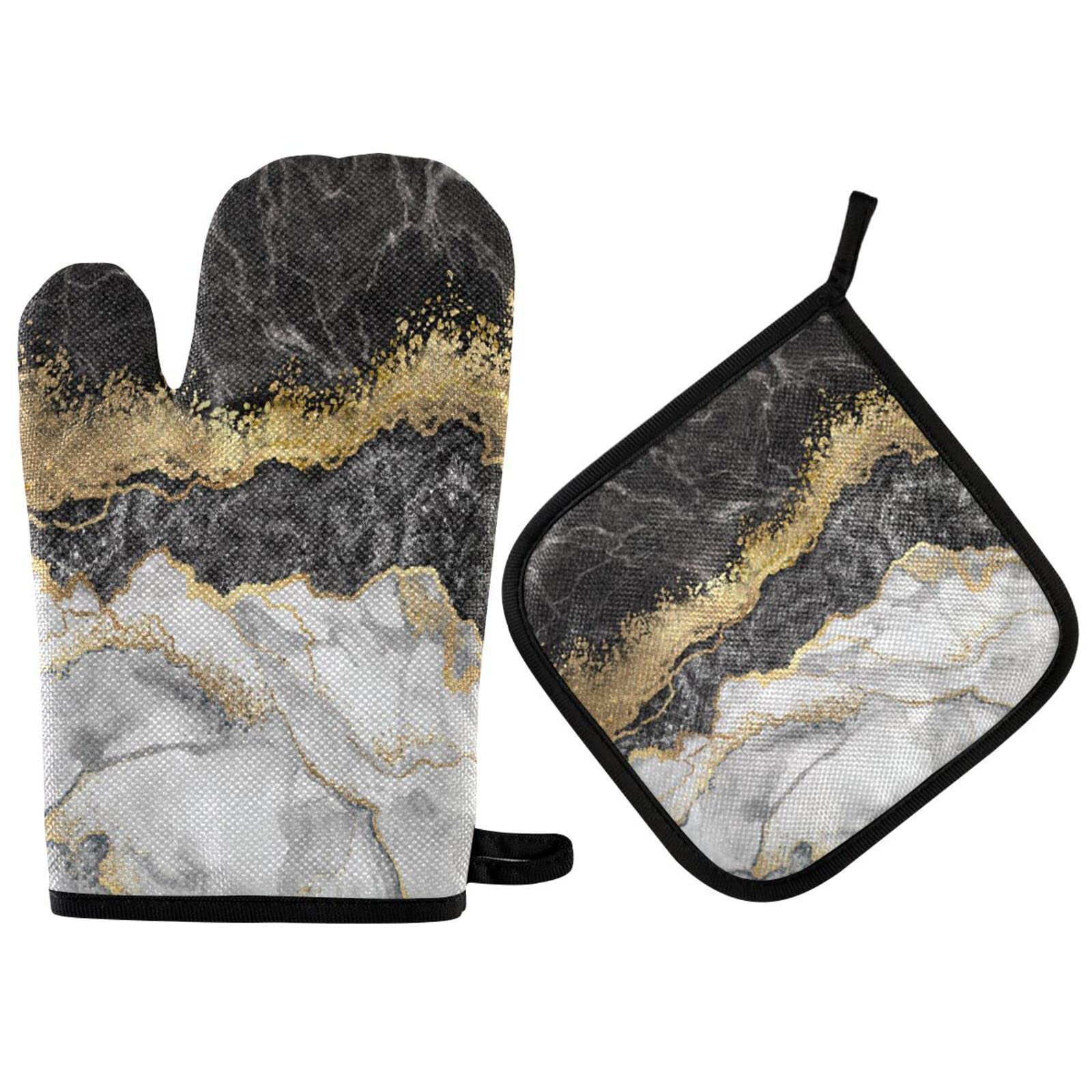 Kcldeci Gray Marble and Gold Line Oven Mitts and Pot Holders Kitchen Oven Glove BBQ Gloves for Cooking/Kitchen/Baking, Pack of 2