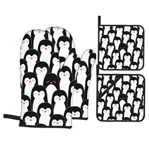 cartoon penguin 4pcs oven mitts and pot holders sets kitchen high heat resistant non slip oven glove for cooking bbq baking grilling