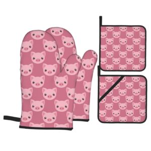 pink pig oven mitts and pot holders set of 4 washable heat resistant kitchen gloves waterproof oven gloves and hot pads for cooking grilling bbq baking