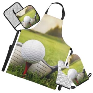 golf ball golf driver on green grass cooking apron heat insulated microwave oven mitts with pot holder pad kitchen decor 5pcs set oven gloves protectors mat for grilling baking