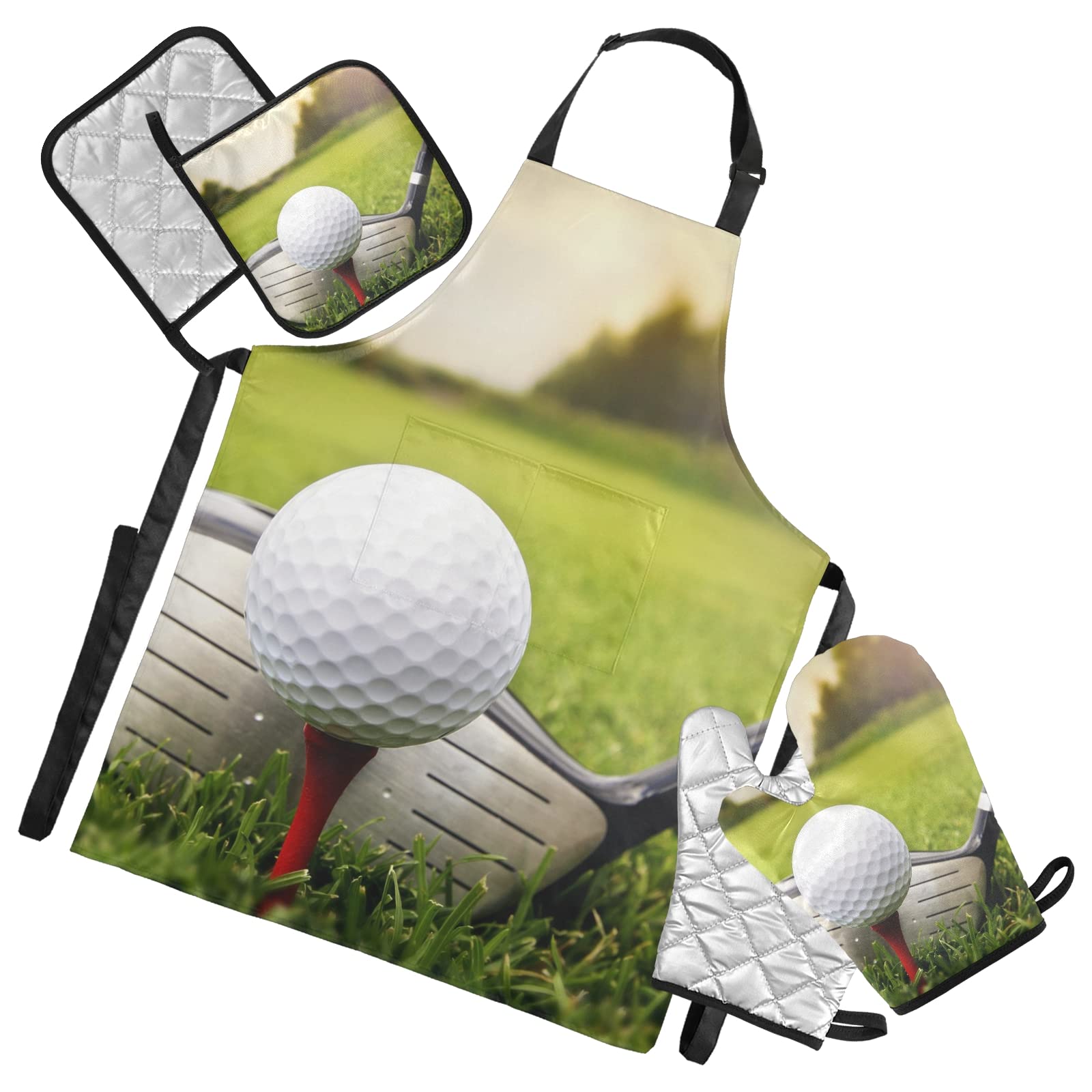 Golf Ball Golf Driver On Green Grass Cooking Apron Heat Insulated Microwave Oven Mitts with Pot Holder Pad Kitchen Decor 5Pcs Set Oven Gloves Protectors Mat for Grilling Baking