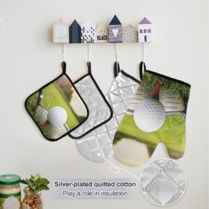 Golf Ball Golf Driver On Green Grass Cooking Apron Heat Insulated Microwave Oven Mitts with Pot Holder Pad Kitchen Decor 5Pcs Set Oven Gloves Protectors Mat for Grilling Baking