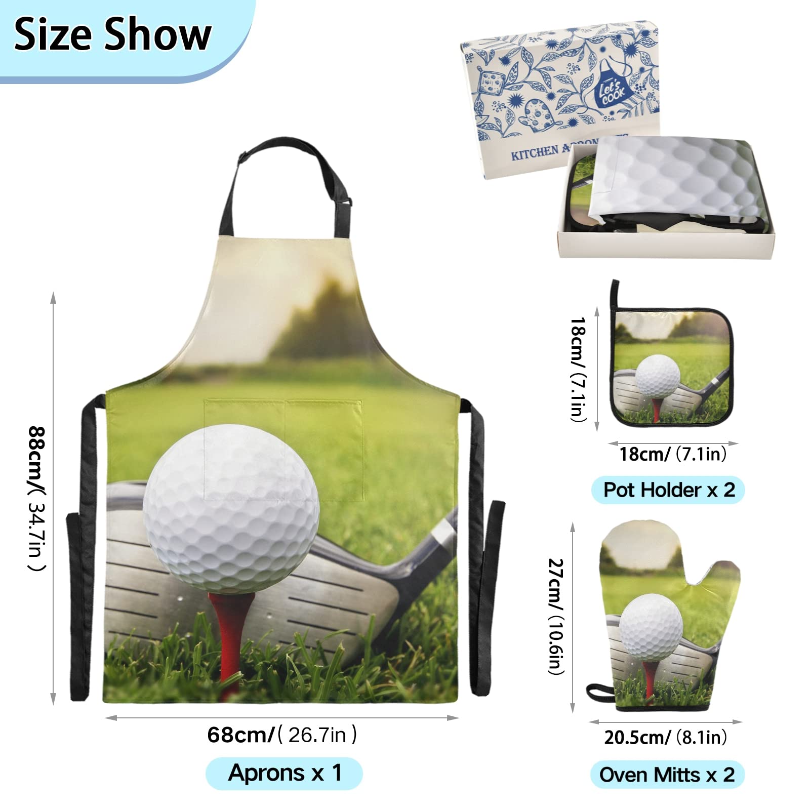 Golf Ball Golf Driver On Green Grass Cooking Apron Heat Insulated Microwave Oven Mitts with Pot Holder Pad Kitchen Decor 5Pcs Set Oven Gloves Protectors Mat for Grilling Baking