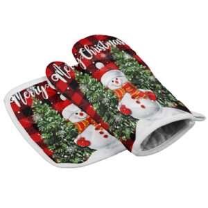 christmas set of oven mitt and pot holder snowman with xmas tree kitchen oven gloves and hot pads heat resistance non-slip surface for bbq cooking baking grilling red buffalo plaid check