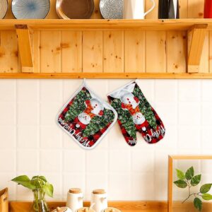 christmas Set of Oven Mitt and Pot Holder Snowman with Xmas Tree Kitchen Oven Gloves and Hot Pads Heat Resistance Non-Slip Surface for BBQ Cooking Baking Grilling Red Buffalo Plaid Check