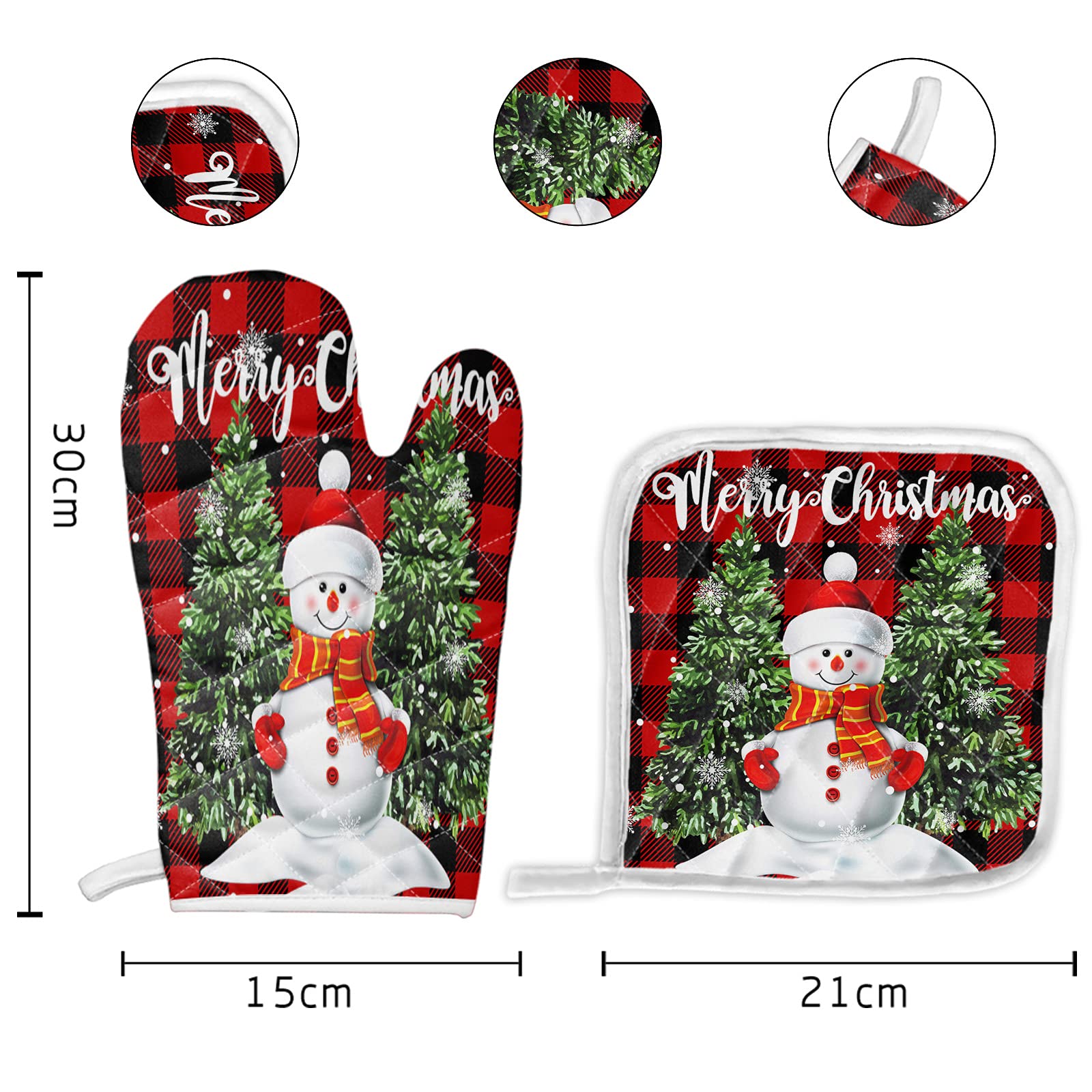 christmas Set of Oven Mitt and Pot Holder Snowman with Xmas Tree Kitchen Oven Gloves and Hot Pads Heat Resistance Non-Slip Surface for BBQ Cooking Baking Grilling Red Buffalo Plaid Check