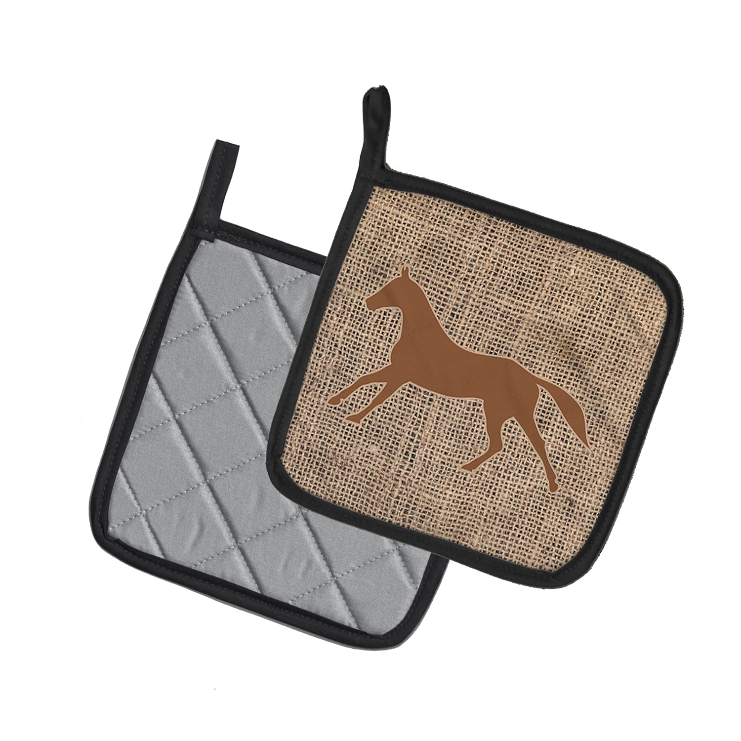 Caroline's Treasures BB1003-BL-BN-PTHD Horse Burlap and Brown Pair of Pot Holders, Brown Kitchen Heat Resistant Pot Holders Sets Oven Hot Pads for Cooking Baking BBQ, 7 1/2 x 7 1/2