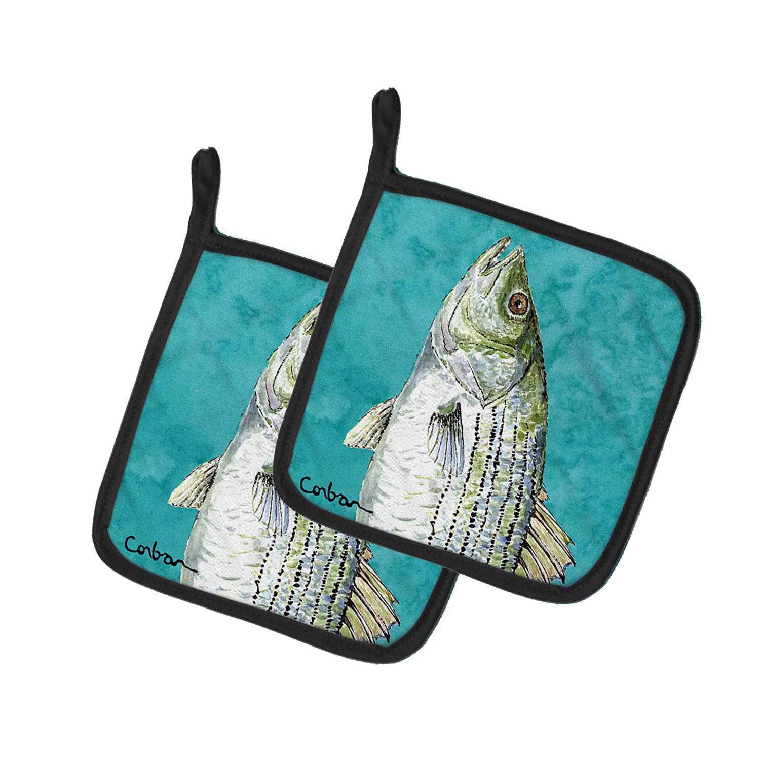 Caroline's Treasures 8720PTHD Striped Bass Fish Pair of Pot Holders Kitchen Heat Resistant Pot Holders Sets Oven Hot Pads for Cooking Baking BBQ, 7 1/2 x 7 1/2