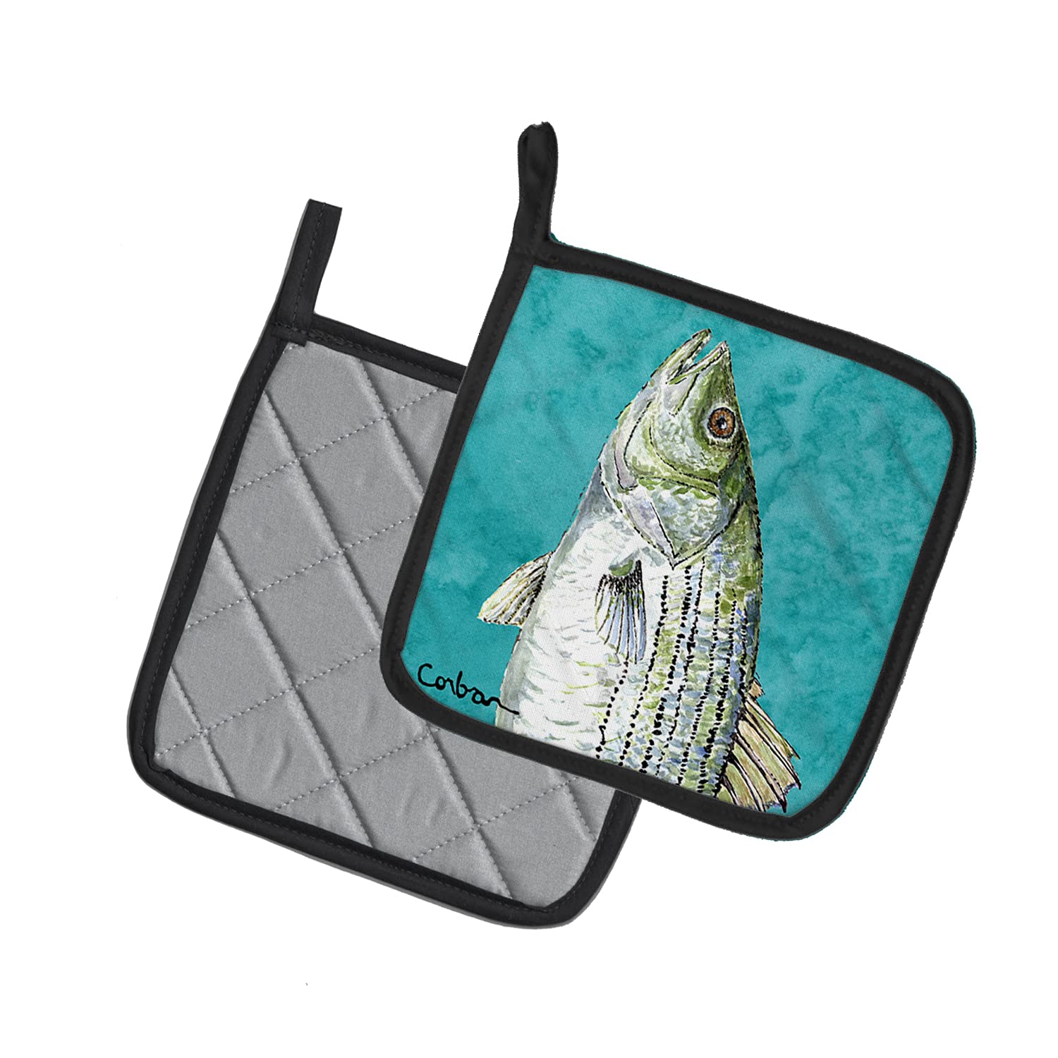 Caroline's Treasures 8720PTHD Striped Bass Fish Pair of Pot Holders Kitchen Heat Resistant Pot Holders Sets Oven Hot Pads for Cooking Baking BBQ, 7 1/2 x 7 1/2