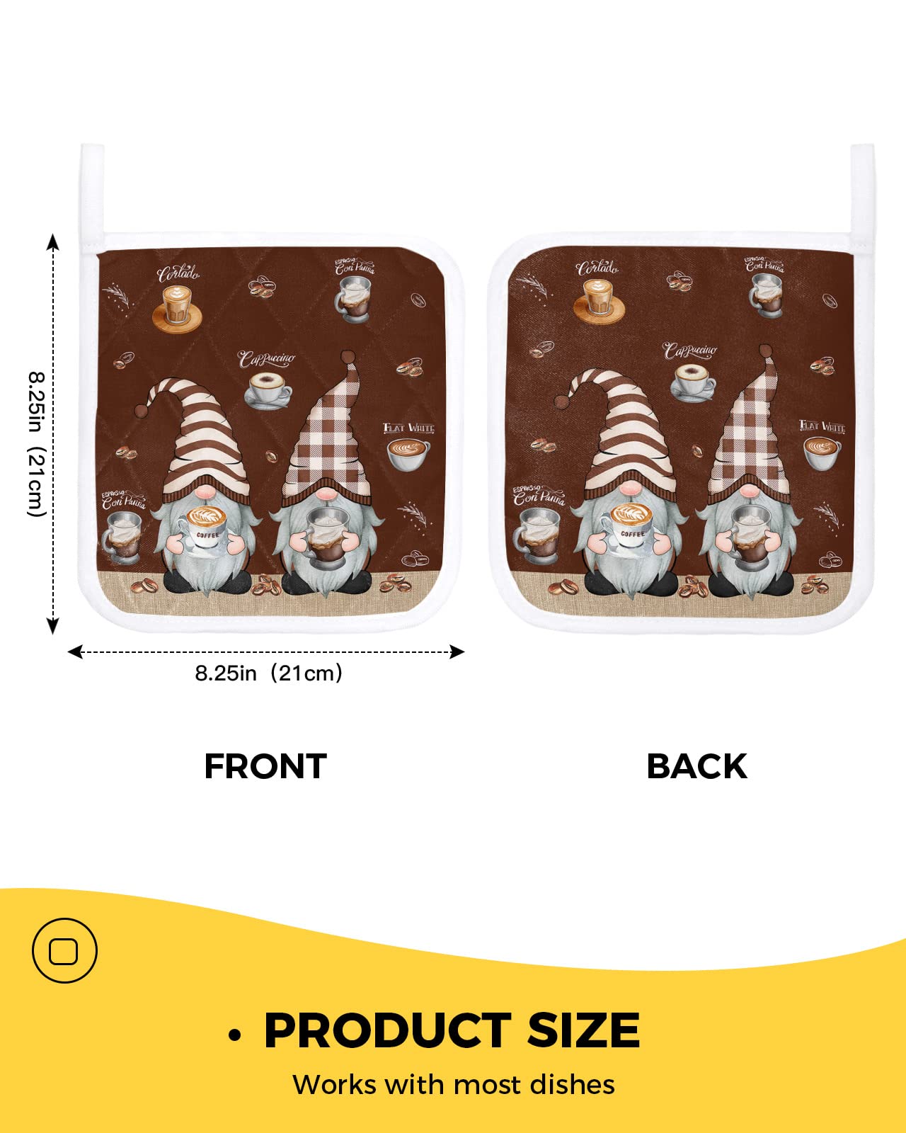 Pot Holders for Kitchen Cute Coffee Gnome with Cup and Beans Brown Set of 5 Potholders Heat Proof Non-Slip Oven Pot Holder Insulation Terry Cloth Hot Pad with Loop Retro Cotton Txeture