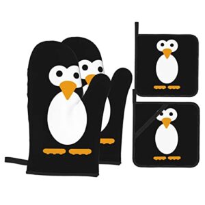 cute penguin oven mitts and potholders bbq gloves waterproof and durable for cooking baking grilling 4-piece set